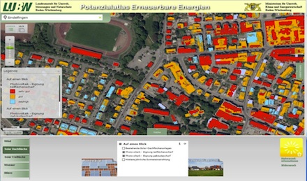 Der Potenzialatlas Erneuerbare Energien für Baden-Württemberg enthält auch ein landesweites Dachflächenkataster zur Ermittlung des Photovoltaikpotenzials auf Hausdächern.