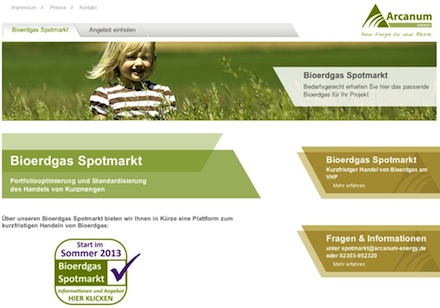 Website des Bioerdgas-Spotmarkts: Registrierungen sind bereits möglich.