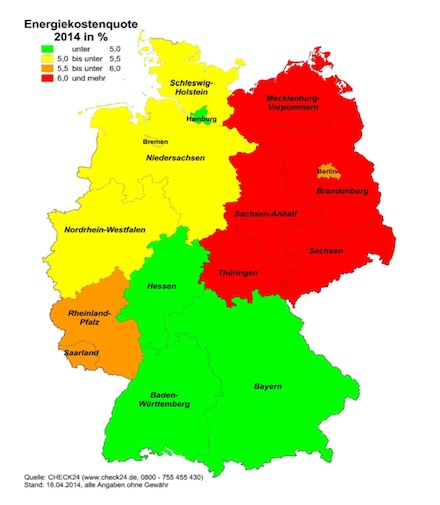 Ost-West-Gefälle Deutschland: Die Energiekostenquote ist in Sachsen wesentlich höher als beispielsweise in Hamburg oder Bayern.