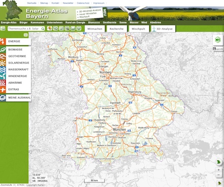 Der Energie-Atlas Bayern zeigt potenzielle Windstandorte für die Region.