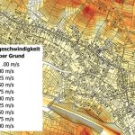 Eine mit WIND-AREA erzeugte Karte zeigt die Windgeschwindigkeit in Bodennähe.