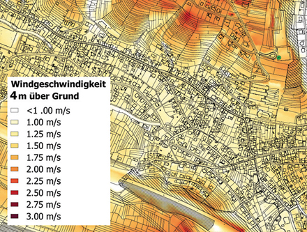 Eine mit WIND-AREA erzeugte Karte zeigt die Windgeschwindigkeit in Bodennähe.