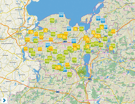 Blick auf den Landkreis Nordwestmecklenburg mit ausgewählten Erneuerbare-Energien-Anlagen.