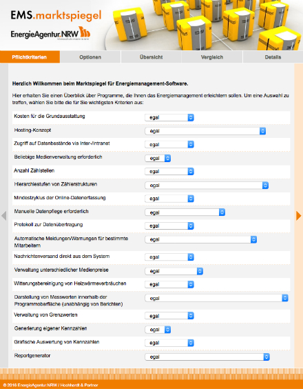 Mit einer Kriterienmaske unterstützt das Online-Tool EMS.Marktspiegel Unternehmen dabei