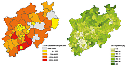 Anzahl der Geothermieanlagen in Nordrhein-Westfalen (Stand: 2015) und ihr Deckungsanteil am Wärmebedarf.