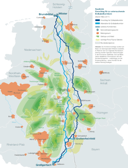 Vorschlag zum Trassenverlauf von SuedLink.