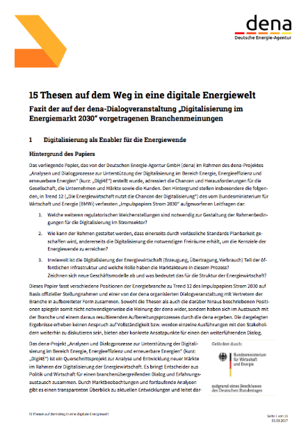 Aus dem dena-Projekt Digi4E heraus sind 15 Thesen zur Digitalisierung der Energiebranche entstanden.