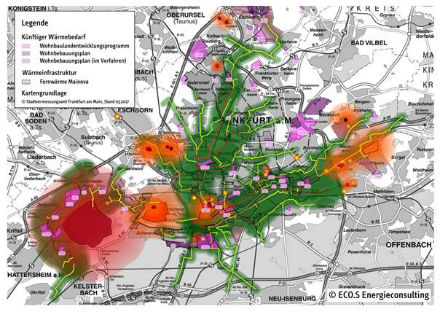 Abwärme-Kataster der Stadt Frankfurt am Main: Die Karte zeigt einen Abgleich von Abwärme-Angebot (grün/orange/rot) und Wärme-Nachfrage (magenta).