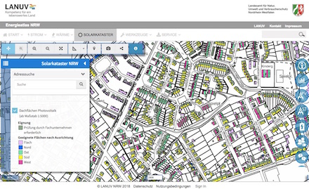 Das Solarkataster NRW zeigt das Potenzial eines jeden Daches im Land für die Stromerzeugung durch Photovoltaik.