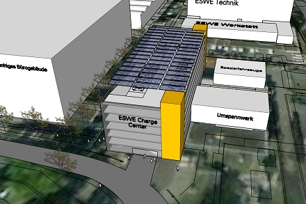 Das geplante ESWE Charge CENTER vom Siegfriedring aus gesehen.