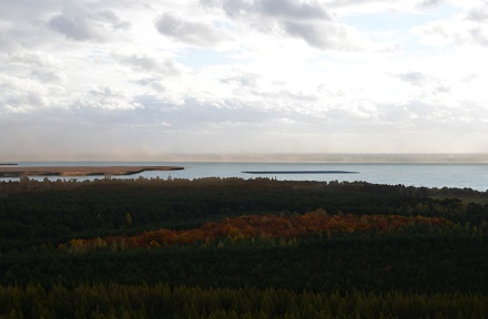 Visualisierung der Floating-PV-Anlage: Blick über den Cottbuser Ostsee-Turm Teichland.