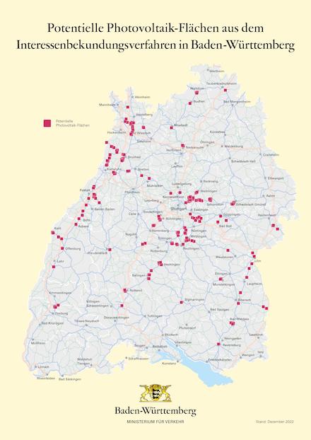 Potenzielle Photovoltaik-Flächen aus dem Interessenbekundungsverfahren in Baden-Württemberg.