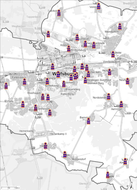 Standorte der Bevölkerungsschutzleuchttürme in Wolfsburg.