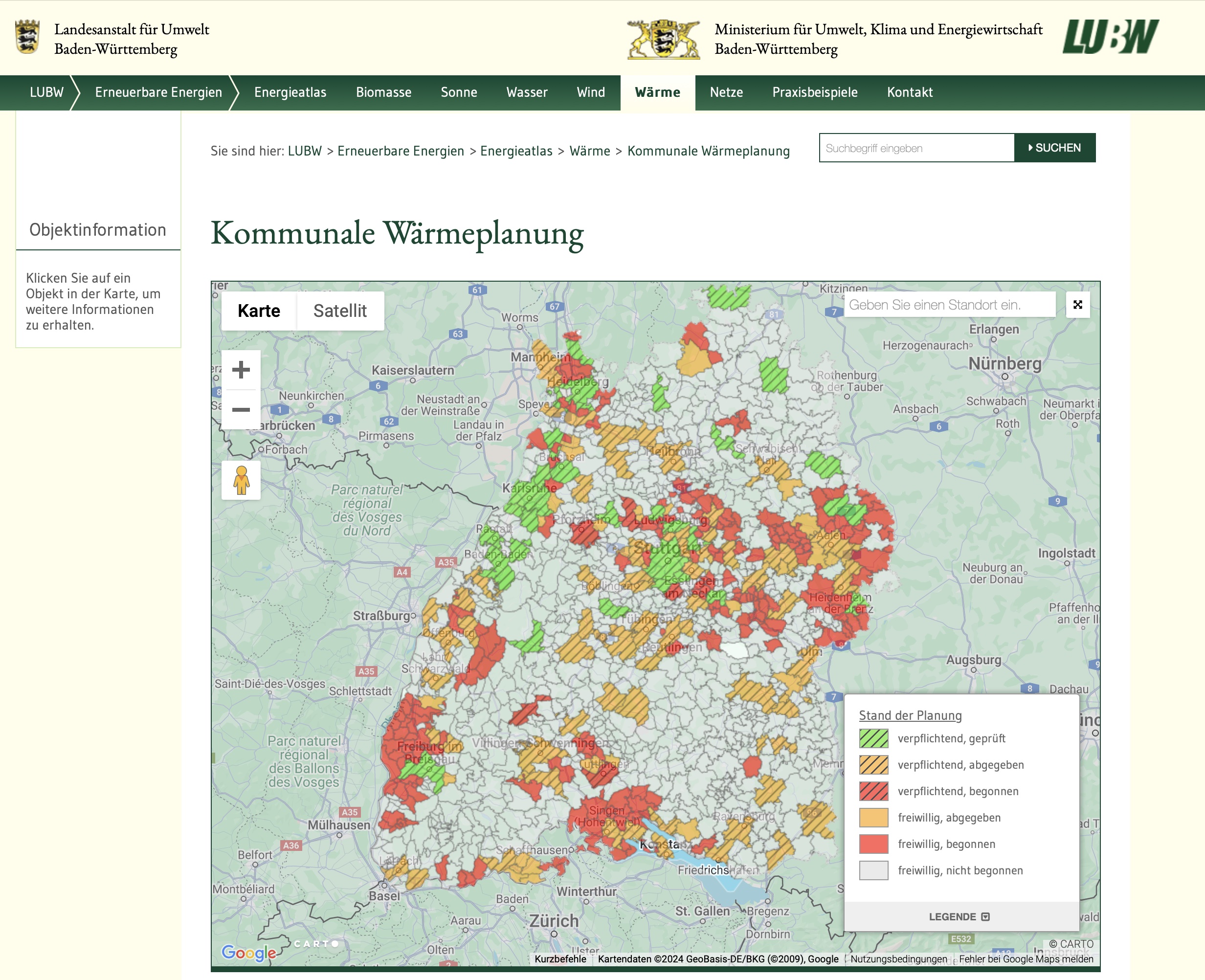 Das Bild ist ein Screenshot vom Energieatlas der Landesanstalt für Umwelt Baden-Württemberg, der den Stand der kommunalen Wärmeplanung zeigt.