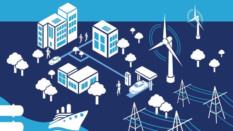 Die Grafik symbolisiert Zukunftsszenarien für die Energiewende, die sowohl technische als auch soziale Aspekte einbeziehen. Die in blau gehaltene Grafik zeigt Gebäude, Windräder und Strommasten.