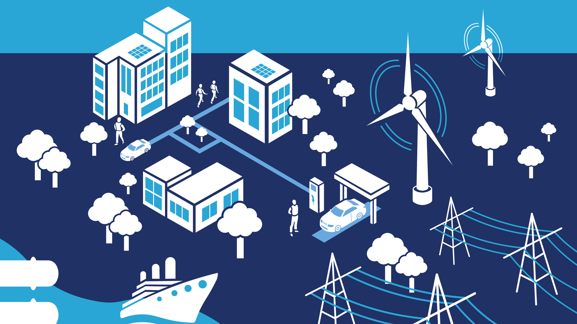 Die Grafik symbolisiert Zukunftsszenarien für die Energiewende, die sowohl technische als auch soziale Aspekte einbeziehen. Die in blau gehaltene Grafik zeigt Gebäude, Windräder und Strommasten.