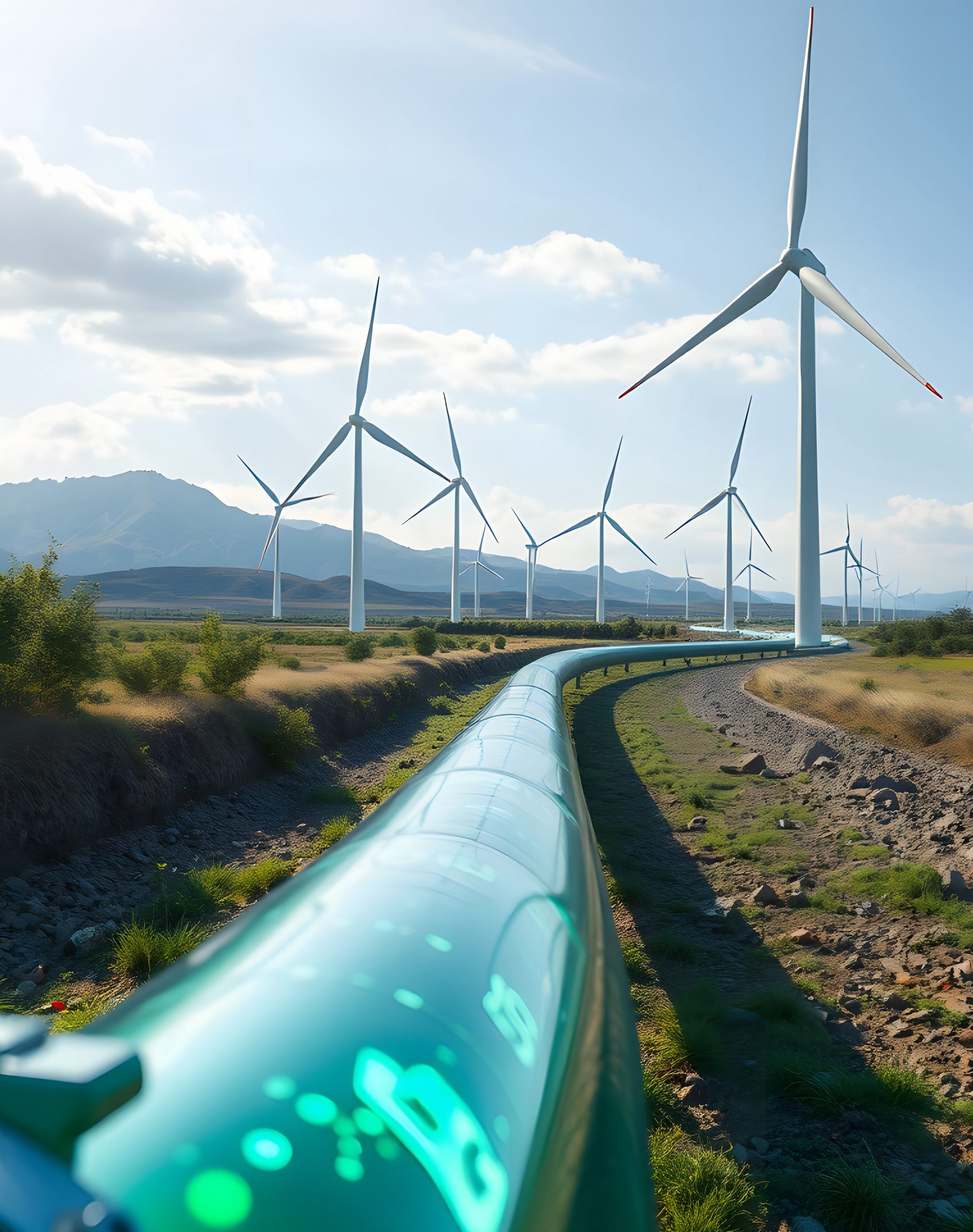 Das Bild zeigt eine grün schimmernde Pipeline als Symbol für das Wasserstoffkernnetz. Im Hintergrund sind Windräder zu sehen.