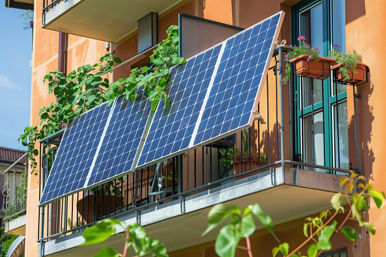 Auf dem Bild ist ein Balkon mit installierten Solarmodulen zu sehen.