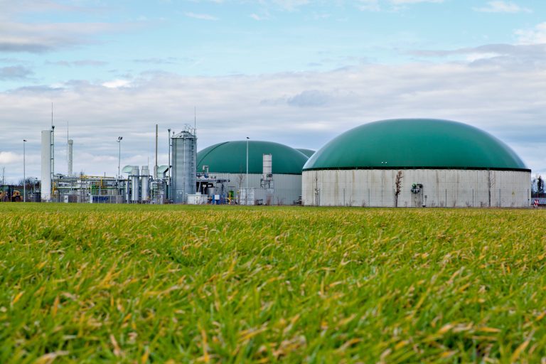 Das Bild zeigt eine Biogasanlage, zu sehen sind Fermenter, Gasspeicher und die Gasaufbereitungsanlage.