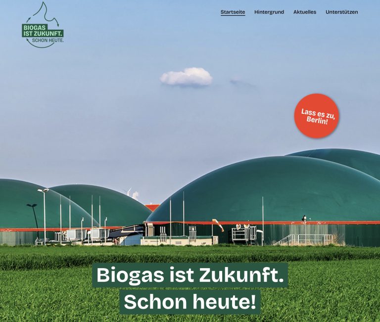 Zu sehen ist die Startseite der Biodgas-Kampagne, dort steht: Biogas ist Zukunft - Schon heute.