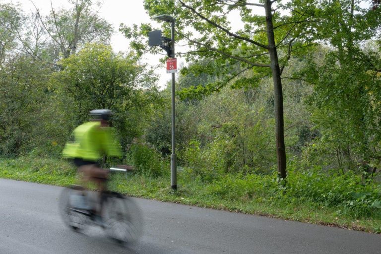 Das Bild zeigt einen Radfahrer, im Hintergrund ist ein Smart-Light-Lichtmast zu sehen.