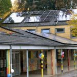 Blick auf die Grundschule Birkstraße in Aachen, ein zweigeschossiges Gebäude aus hellen Backsteinen, grauem Dach und einem eingeschossigen Längsgebäude mit Vordach.