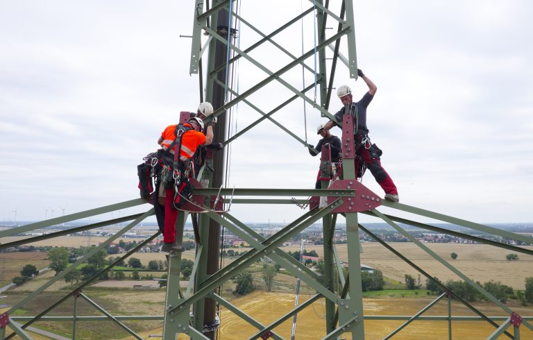 Das Bild zeigt Arbeiter auf einem Strommast.