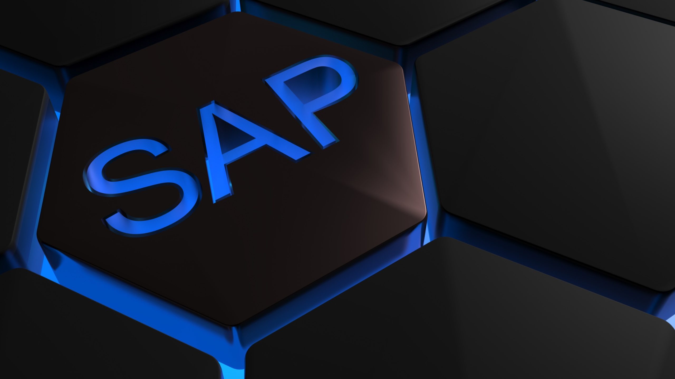 Das Bild zeigt ein blau hinterleuchtetes SAP-Logo in einer schwarzen Wabe.