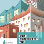 Das Bild zeigt das Cover des dena-Gebäudereports 2025 mit einer Grafik übereinanderstehender Häuser.