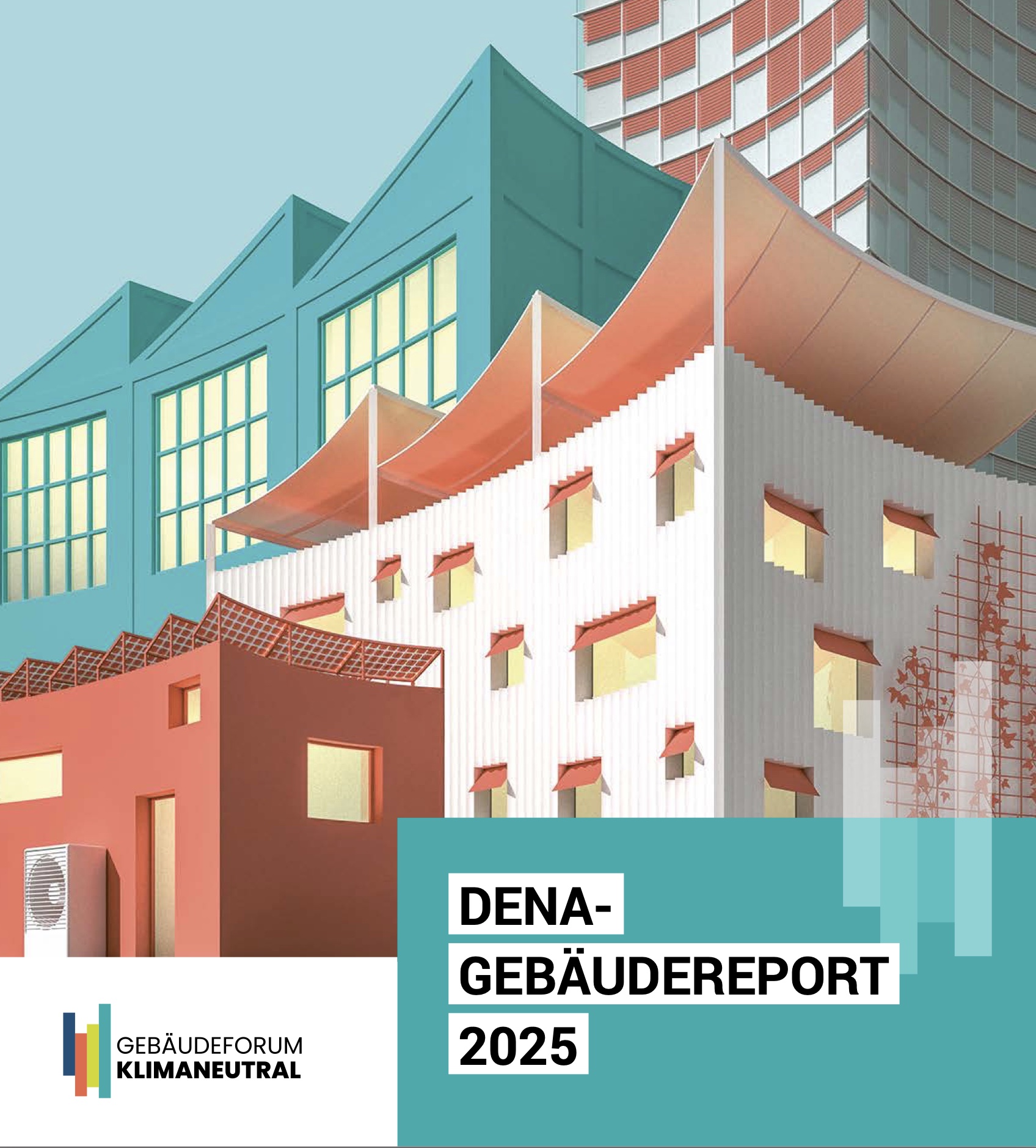 Das Bild zeigt das Cover des dena-Gebäudereports 2025 mit einer Grafik übereinanderstehender Häuser.